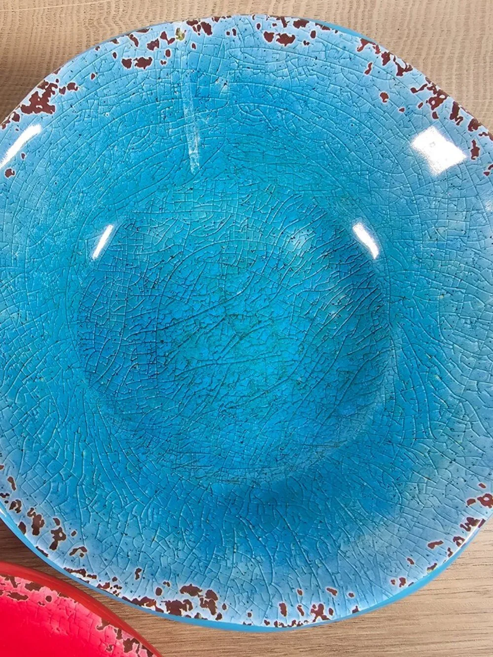 Pier 1 Imports Carmelo Soup Cereal Bowl Set of 3 Melamine Red Blue Yellow Rustic